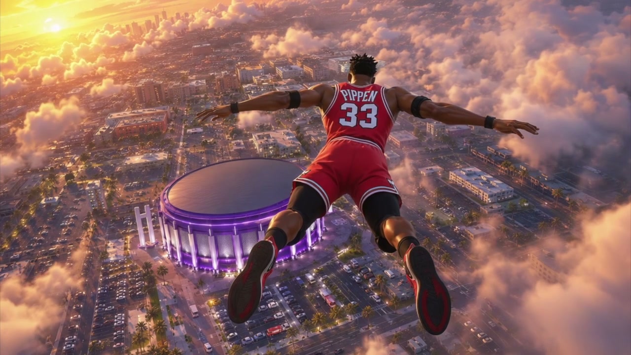 Scottie Pippen falling toward the Don’t Drop the Ball playable world